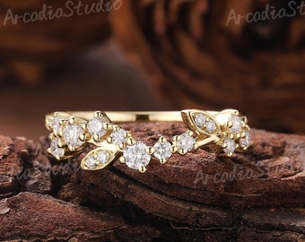 Unique Moissanite Wedding Band Solid Gold Wedding Ring Nature Inspired Ring Moissanite Leaf Ring Vintage Diamond Ring Promise Ring For Women