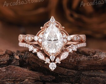 Vintage Moissanite Engagement Ring Set Rose Gold Ring Pear Moissanite Cluster Ring Art Deco Bridal Set Milgrain Ring Promise Rings for Women