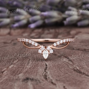 Unique Moissanite Wedding Band Rose Gold Pear Cut Moissanite Curved Wedding Ring Minimalist Stacking Ring Custom Promise Rings For Women