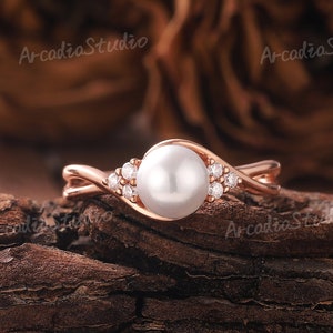 Vintage Pearl Engagement Ring Twist Ring Rose Gold Ring Dainty Pearl Ring Moissanite Cluster Ring Infinity Ring Anniversary Gifts for Her