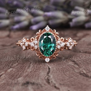 Vintage Emerald Engagement Ring Oval Emerald Rose Gold Wedding Ring Cluster Moissanite Art Deco Ring Unique Filigree Rose Gold Wedding Ring