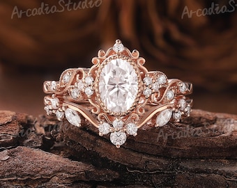 Unique Moissanite Engagement Ring Set Floral Ring Rose Gold Ring Set Leaf Ring Bridal Set Diamond Ring Cluster Ring Vintage Rings for Women