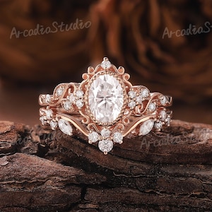 Conjunto único de anillos de compromiso Moissanite, anillo floral, anillo de oro rosa, conjunto de anillos de hoja, conjunto nupcial, anillo de diamantes, anillo de racimo, anillos vintage para mujeres