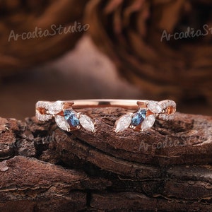 Unique Alexandrite Wedding Band Moissanite Wedding Ring Open Wedding Band Rose Gold Ring Vintage Leaf Ring Stackable Rings Gifts for Her
