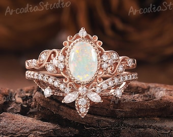 Unique Opal Engagement Ring Set Floral Ring Set Solid Gold Ring Vintage Rings Cluster Ring Moissanite Bridal Set Anniversary Gifts for Her