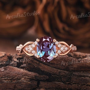 Unique Alexandrite Engagement Ring Cluster Ring  Moissanite Ring Rose Gold Ring Twist Ring Promise Ring Alexandrite Ring Anniversary Gifts
