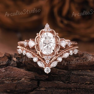 Unique Moissanite Engagement Ring Set Unique Milgrain Ring Set Vintage Rings Solid Gold Ring Set Bridal Set Handmade Promise Rings for Women