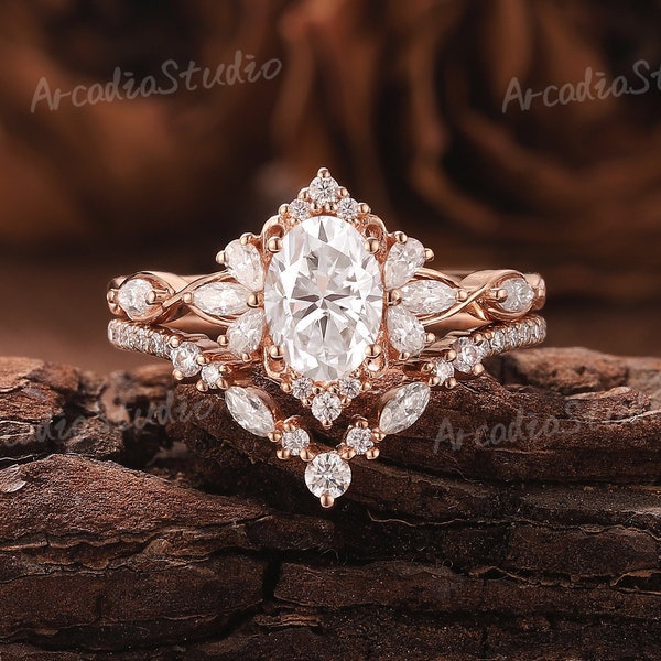 Vintage Oval Moissanite Engagement Ring Set Rose Gold Moissanite Ring Set Art Deco Cluster Ring Bridal Set Unique Promise Rings for Women