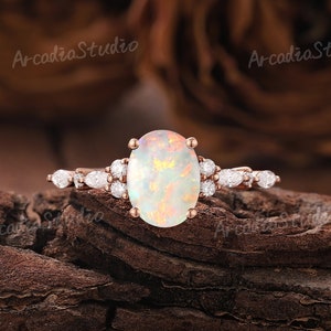 Vintage Opal Engagement Ring Dainty Opal Ring Moissanite Cluster Ring Rainbow Opal Solid Gold Ring Diamond Ring Promise Rings for Women