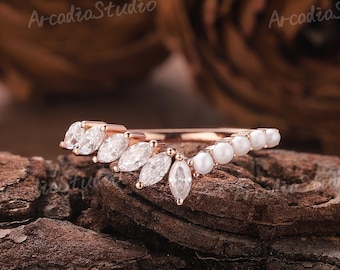 Vintage Pearl Wedding Band Moissanite Wedding Ring Rose Gold Ring Unique Diamond Ring Stackable Rings Pearl Ring Anniversary Gifts for Her