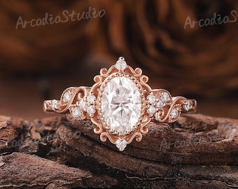 Unique Moissanite Engagement Ring Oval Moissanite Ring Vintage Rose Gold Ring Leaf Floral Ring Milgrain Wedding Ring Promise Rings for Women