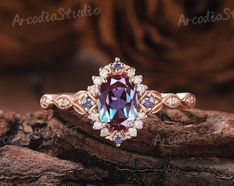 Vintage Alexandrite Engagement Ring Nature Ring Leaf Ring Unique Alexandrite Ring Twist Ring Moissanite Cluster Ring Promise Rings for Women