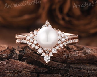 Vintage Pearl Engagement Ring Set Dainty Pearl Ring Moissanite Cluster Ring Rose Gold Ring Stacking Set Bridal Set Promise Rings for Women