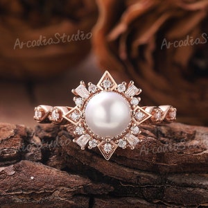 Unique Pearl Engagement Ring Rose Gold Ring Moissanite Ring Floral Ring Diamond Ring Pearl Ring Vintage Rings Anniversary Gifts for Women