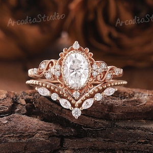Vintage Moissanite Engagement Ring Set Solid Gold Ring Unique Oval Ring Diamond Floral Wedding Ring Set Promise Anniversary Rings For Women