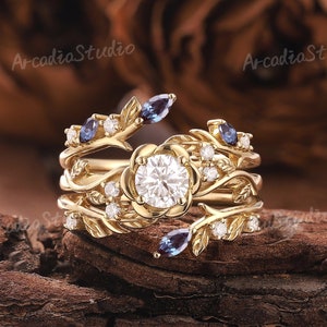 3pcs Moissanite Engagement Ring Set Solid Gold Rings Leaf Rings Vintage Moissanite Ring Bridal Set Vine Branch Ring Promise Rings for Women