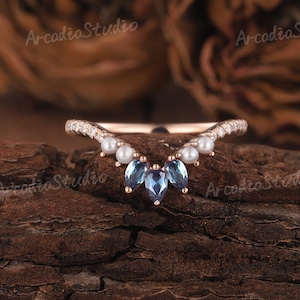 Unique Pear Alexandrite Curved Wedding Band Rose Gold Pearl Wedding Band Art Deco Moissanite Cluster Stacking Matching Rings For Women