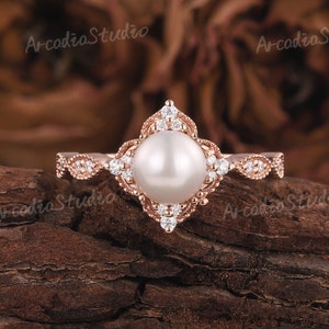 Vintage Akoya Pearl Engagement Ring Rose Gold Moissanite Cluster Wedding Ring Art Deco Unique Pearl Promise Custom Ring Gift For Her