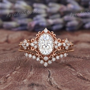 Vintage Oval Moissanite Engagement Ring Set Rose Gold Moissanite Wedding Ring Set Moissanite Cluster Art Deco Floral Promise Ring For Women