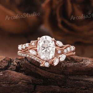 Unique Oval Moissanite Engagement Ring Set Art Deco Diamond Wedding Ring Set Vintage Moissanite Rose Gold Promise Rings Bridal Set For Women