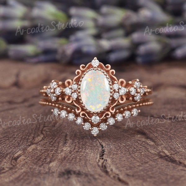 Vintage Oval Opal Engagement Ring Set Rose Gold Cluster Moissanite Wedding Ring Set Unique Milgrain Bridal Set Women Handmade Promise Rings