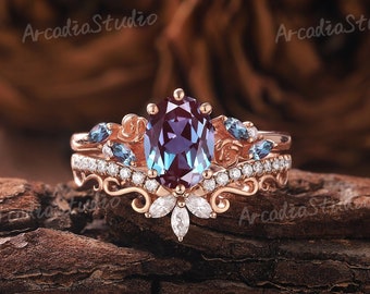 Unique Alexandrite Engagement Ring Set Rose Glod Ring Set Floral Ring Alexandrite Ring Vintage Rings Diamond Ring Anniversary Gifts for Her