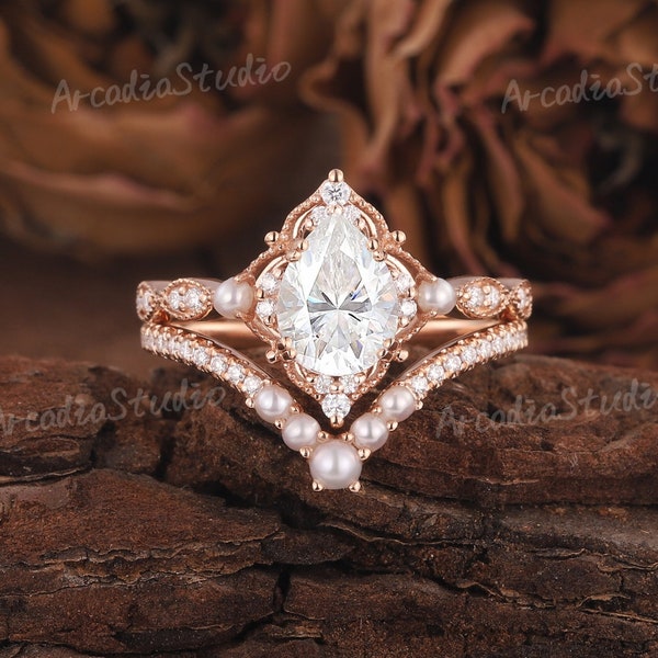 Unique Moissanite Engagement Ring Set Pear Shaped Rose Gold Moissanite Bridal Set Art Deco Milgrain Cluster Pearl Curved Wedding Ring Set