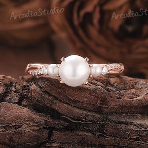 Vintage Round Pearl Engagement Ring Art Deco Rose Gold Ring Unique Pearl Cluster Ring Twist Moissanite Ring Anniversary Gifts For Women