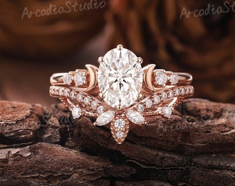 Unique Moissanite Engagement Ring Set Rose Gold Moissanite Bridal Set Vintage Moon Ring Art Deco Handmade Jewelry Personalized Gift For Her