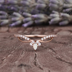 Vintage Opal Wedding Ring Women Unique Moissanite Curved Wedding Band Filigree Rose Gold Wedding Band Stacking Diamond Promise Ring For Her