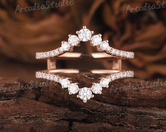 Vintage Moissanite Curved Wedding Band Rose Gold Diamond Enhancers and Wraps Ring Matching Stacking Ring Double Curved Wedding Band For Her