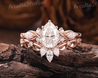 Pear Moissanite Engagement Ring Set Unique Floral Ring Rose Gold Wedding Ring Set Vintage Moissanite Bridal Set Anniversary Gifts For Her
