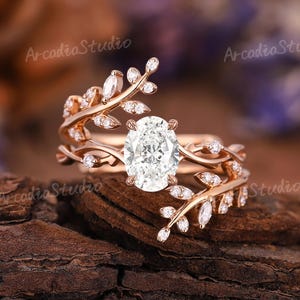 Ovale Moissaniet Verlovingsring Set Vintage Moissaniet Bloemen Bruidsset Cluster Diamond Leaf Enhancer Band Natuurlijke Bladringen Voor Vrouwen