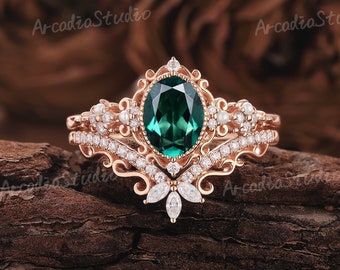 Unique Oval Emerald Engagement Ring Set Rose Gold Art Deco Emerald Bridal Set Vintage Pearl Ring Cluster Diamond Moissanite Rings For Women