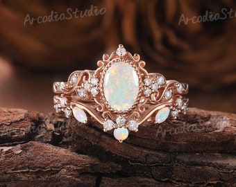 Vintage Opal Engagement Ring Set Rose Gold Opal Floral Ring Set Unique Leaf Ring Opal Bridal Set Diamond Cluster Ring Wedding Bands Women