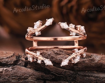 Unique Leaf Moissanite Enhancer Wedding Band Nature Inspired Art Deco Diamond Ring Rose Gold Stacking Rings Vintage Matching Rings For Women