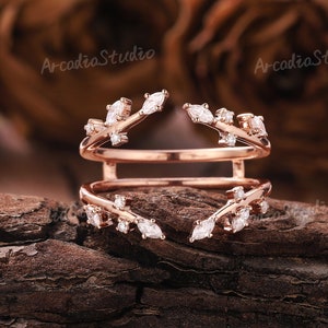 Unique Leaf Moissanite Enhancer Wedding Band Nature Inspired Art Deco Diamond Ring Rose Gold Stacking Rings Vintage Matching Rings For Women
