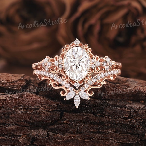 Vintage Oval Moissanite Engagement Ring Set Rose Gold Unique Moissanite Ring Floral Ring Pearl Bridal Set Art Deco Promise Rings For Women