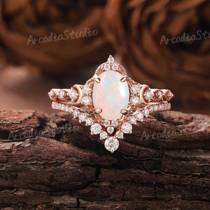 Unique Opal Engagement Ring Set Vintage Rose Gold Moissanite Cluster Vintage Opal Bridal Set Art Deco Moissanite Wedding Rings For Women