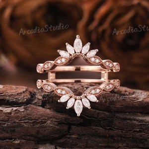 Unique Marquise Moissanite Wedding Band Rose Gold Wedding Ring Enhancer Art Deco Moissanite Cluster Ring Vintage Matching Rings For Women