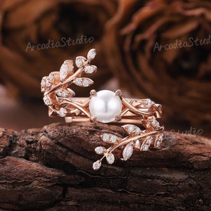 Unique Pearl Engagement Ring Set Nature Inspired Ring Moissanite Enhancer Wedding Band Vintage Pearl Ring Wedding Ring Set Anniversary Gifts