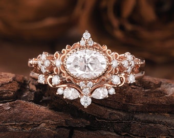 Vintage Moissanite Engagement Ring Set Unique Rose Gold Ring Bridal Set Natural Floral Ring Moissanite Cluster Ring Promise Rings for Women