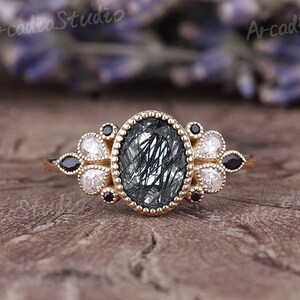 Vintage Black Rutilated Quartz Engagement Ring Unique Black Spinel Cluster Wedding Ring Milgrain Yellow Gold Wedding Ring Moissanite Ring