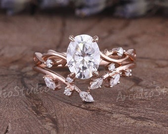 Vintage Oval Cut Moissanite Engagement Ring Set Uniqied Leaf and Vine Twisted Design Ring Aet Deco Rose Gold Marquise Moissanite Bridal Set