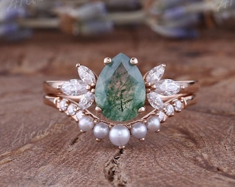 Pear Cut Moss Agate Engagement Ring Set Women Rose Gold Unique Cluster Moissanite Wedding Ring Set Art Deco Pearl Curved Chevron Bridal Set