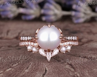 Vintage Akoya Pearl Engagement Ring Set Unique Moissanite Pave Wedding Ring Pearl Curved Wedding Band Rose Gold Wedding Ring Set For Her