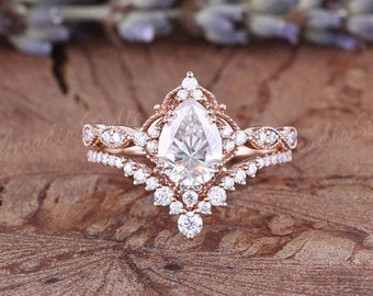 Pear Moissanite Engagement Ring Set Vintage Rose Gold Moissanite Ring Set Art Deco Cluster Moissanite Bridal Set Anniversary Promise Ring