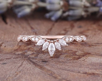 Sierlijke Markies gesneden moissanite trouwring 14k roségouden trouwring Vintage Custome Fit Diamond Band Stapelen Bijpassende Ring Vrouwen ring