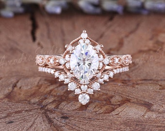 Unique Rose Gold Bridal Set 1.5ct Moissanite Engagement Ring Art Deco Ring Milgrain Vintage Oval Moissanite Ring Set Antique 2pcs Ring