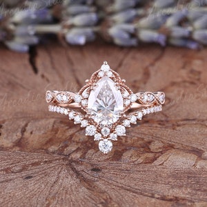 Pear Moissanite Engagement Ring Set Vintage Rose Gold Moissanite Ring Set Art Deco Cluster Moissanite Bridal Set Anniversary Promise Ring image 1